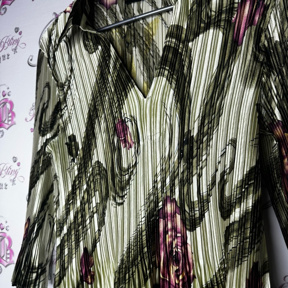 Mini pleats magic scarf top pleated floral green purple stretchy soft shiny luxe - Picture 11 of 11